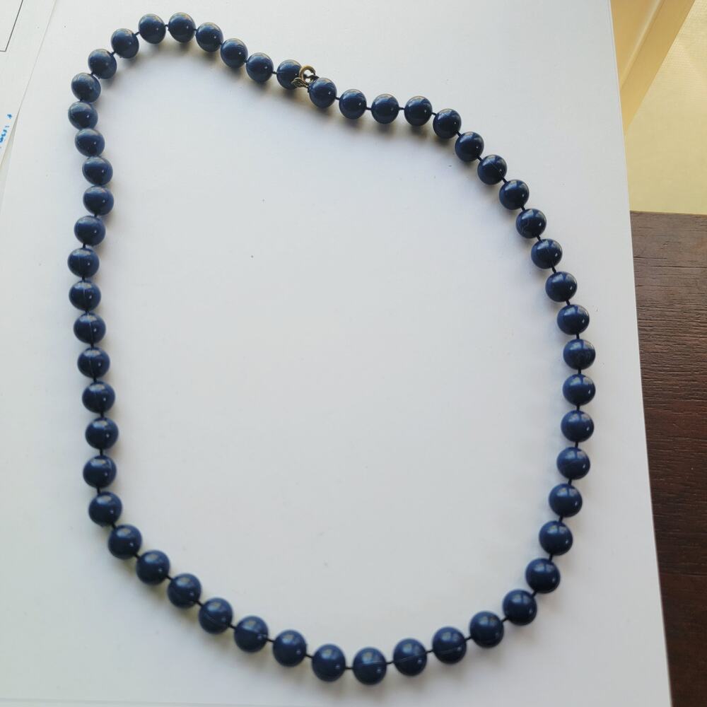 Vintage Blue Bead Necklace Knotted Strand Round Beads Cobalt Navy Mid Century